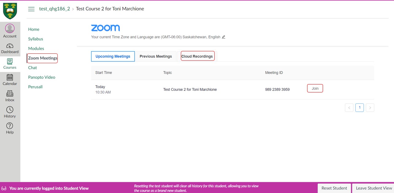 screenshot of canvas webpage (student view) for joining zoom meeting