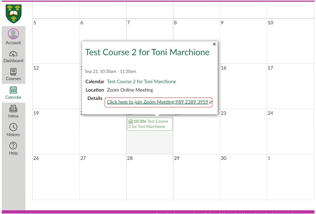 screenshot of student calendar view in canvas showing a zoom meeting scheduled